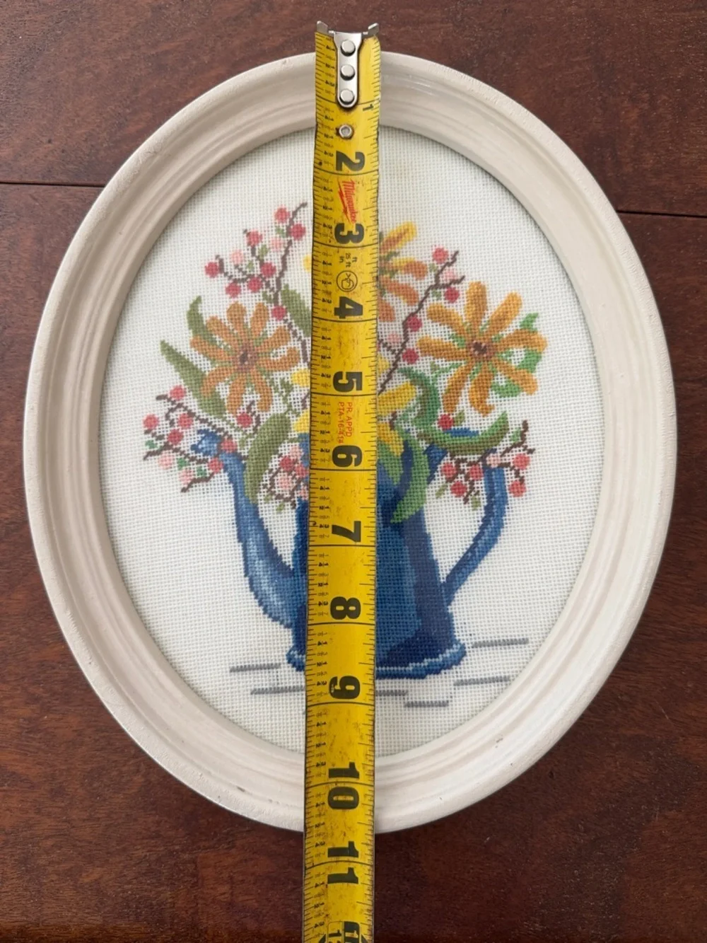 Vintage Floral Cross Stitch in Blue Pitcher - Yellow Flowers